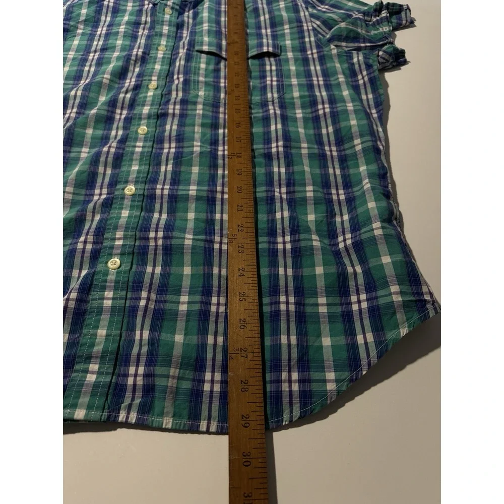 Banana Republic Soft‎ Wash Dress Shirt Mens Green Blue Teal Plaid Fall 13